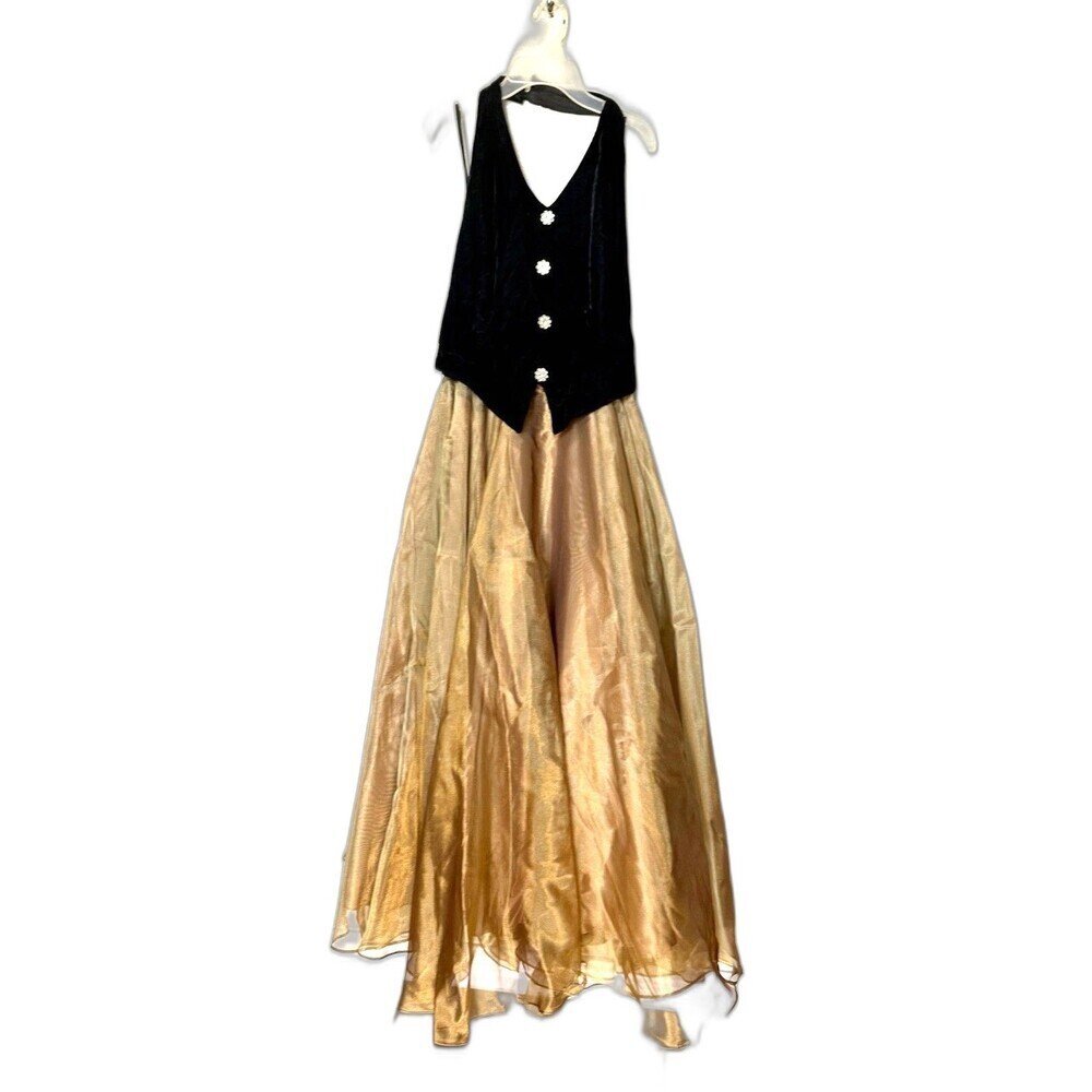 Vintage Black Velvet Halter Gold Metallic Formal Dress Large USA